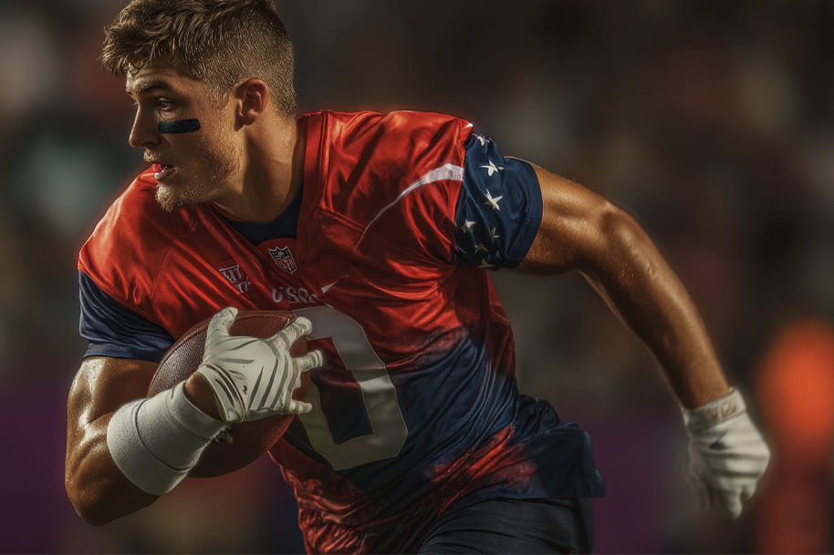 USA flag football player in red and blue uniform running with the ball, symbolizing America’s gridiron legacy and the sport’s path to the 2028 Los Angeles Olympics – Eternal Slots Casino blog