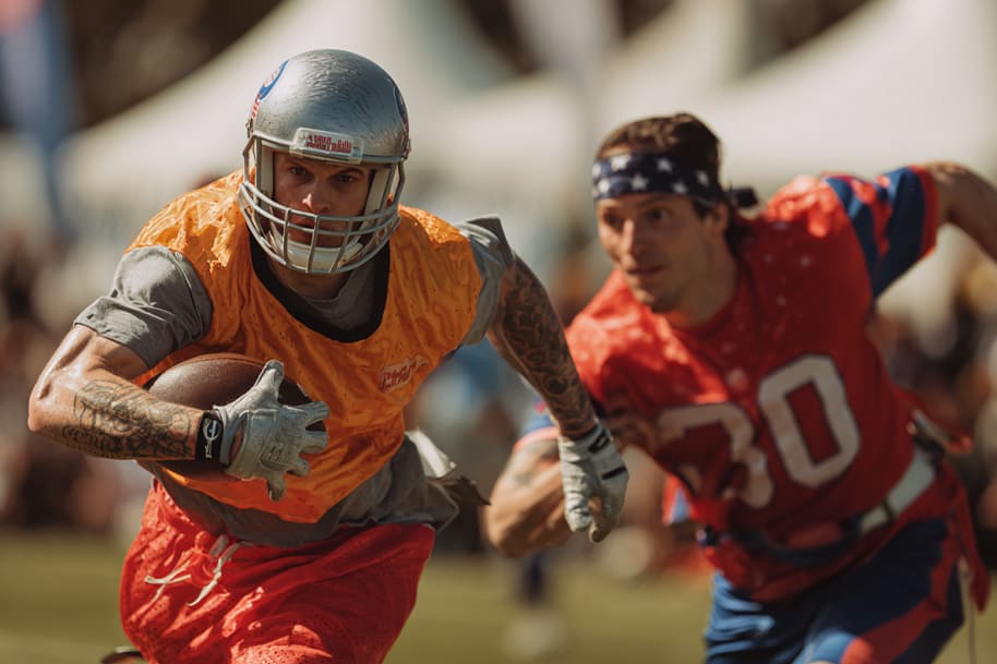 Flag football player running with the ball during an intense game, highlighting the sport’s speed and skill as it prepares for the 2028 Los Angeles Olympics – Eternal Slots Casino blog