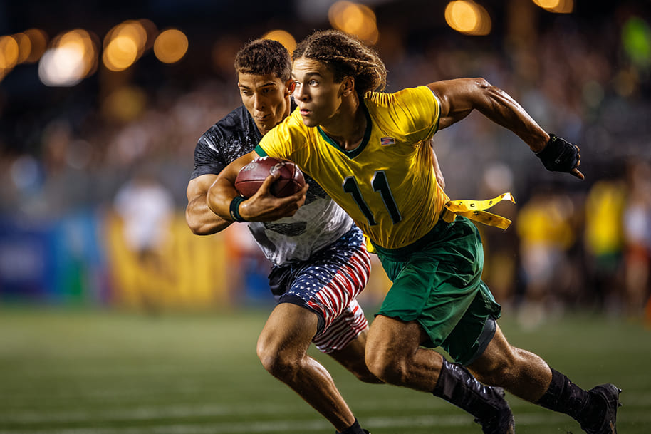 International flag football match with player in yellow jersey evading defender, showcasing the sport’s global reach and Olympic debut in Los Angeles 2028 – Eternal Slots Casino blog