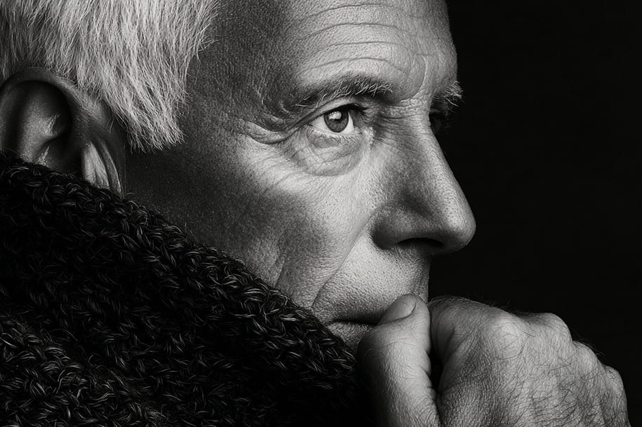 Black and white side profile of Giorgio Armani with thoughtful gaze, wrapped in textured fabric, symbolizing elegance and timeless fashion.