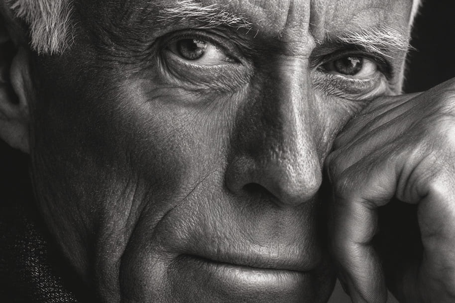 Close-up black and white portrait of Giorgio Armani with thoughtful gaze, reflecting timeless elegance and luxury fashion legacy.