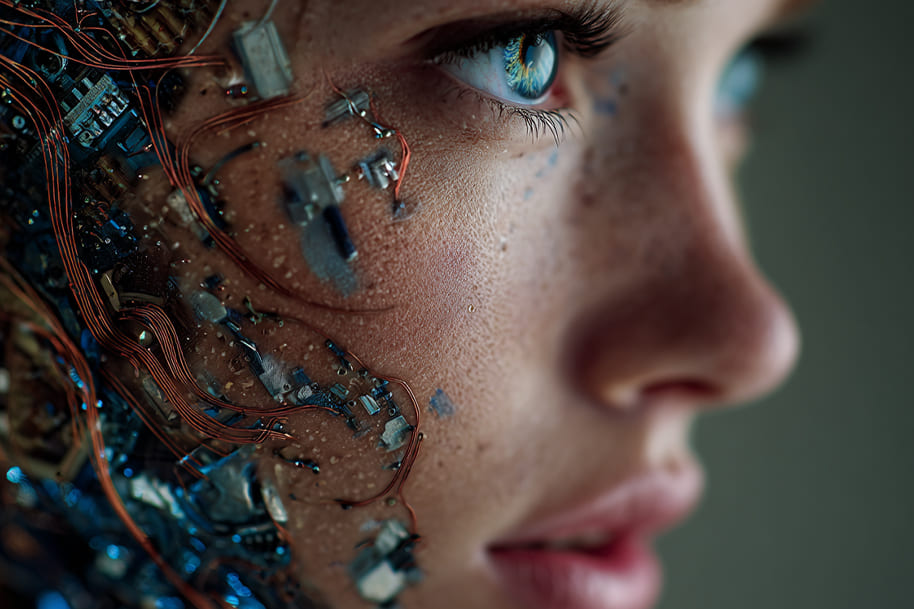Close-up of a futuristic cyborg face blending human skin with exposed circuits and wires, symbolizing GPT-5 artificial intelligence, OpenAI’s latest AI model, and advanced technology in 2025.