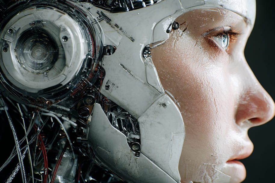 Side view of a humanoid robot with human-like skin and mechanical circuits, symbolizing GPT-5 artificial intelligence, advanced AI models, and the future of OpenAI technology in 2025.
