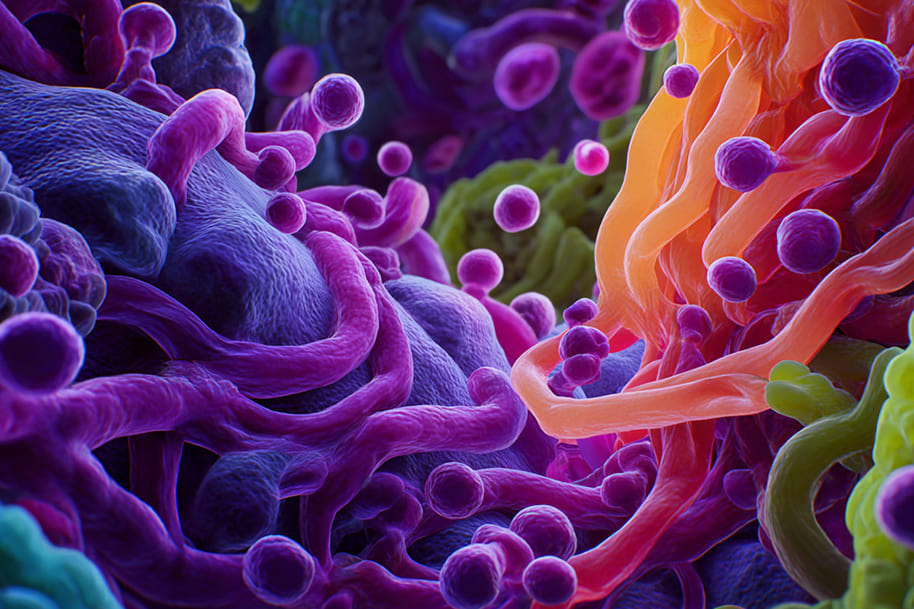 Colorful 3D illustration of gut microbiome bacteria and microbes, highlighting the gut-brain connection and how gut health influences mood and mental well-being.