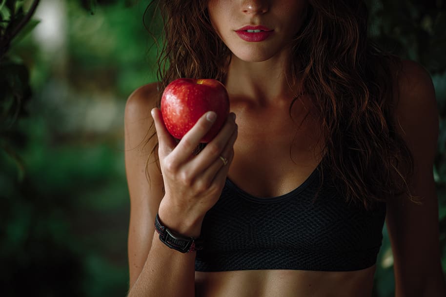 Fit young woman in sportswear holding a fresh red apple, symbolizing healthy eating, gut health, and natural ways to boost mood and energy.