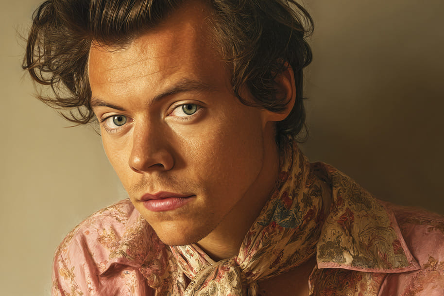 Harry Styles close-up portrait in floral scarf and pink shirt, emphasizing his unique mix of classic elegance and bold fashion experimentation.