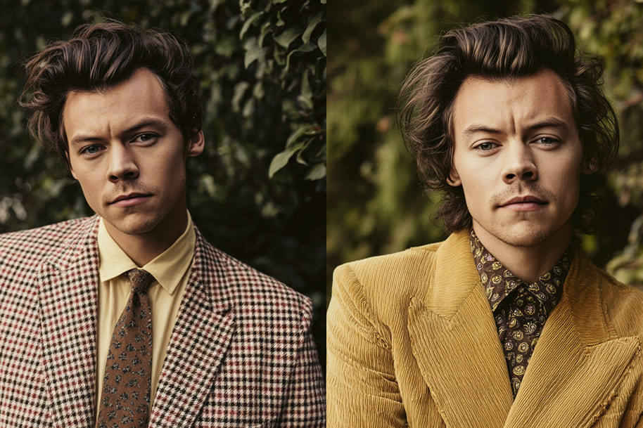 Harry Styles posing outdoors in patterned blazers, showcasing vintage-inspired outfits that define his evolution into a modern fashion icon.