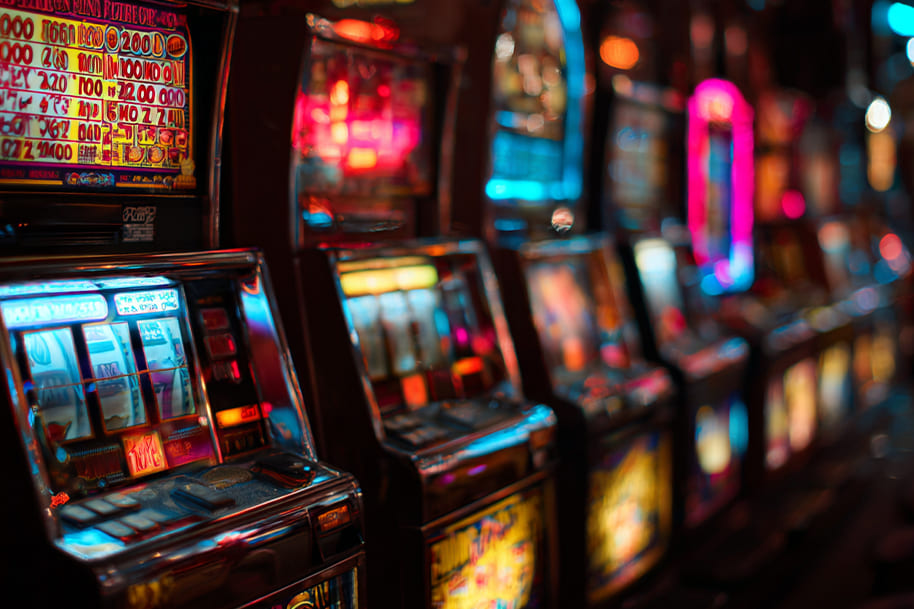 Brightly lit slot machine screens inside a casino showcasing casino slots with multipliers and progressive rewards.
