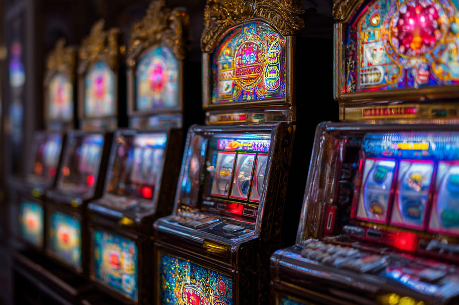 Row of colorful casino slot machines with innovative multipliers and engaging slot bonus mechanics – Eternal Slots article.
