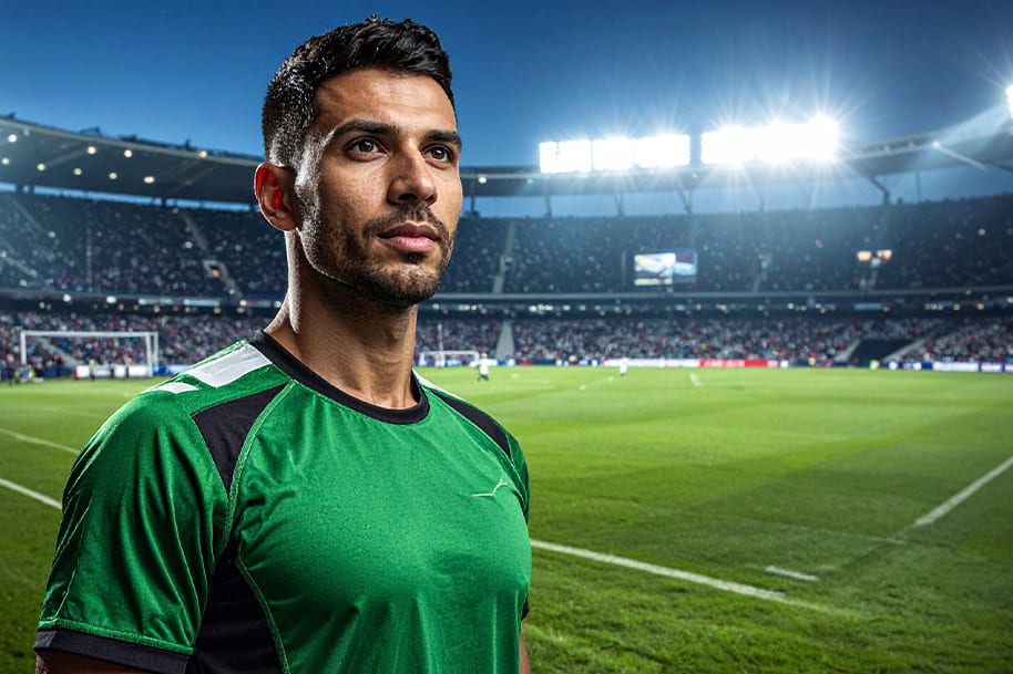 Professional soccer player on the field under stadium lights, representing the evolving experience of sports viewing and fan engagement technology in 2025.