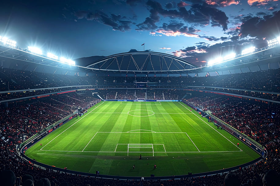Wide view of illuminated football stadium at night filled with fans, symbolizing the future of sports entertainment and large-scale live event experiences.