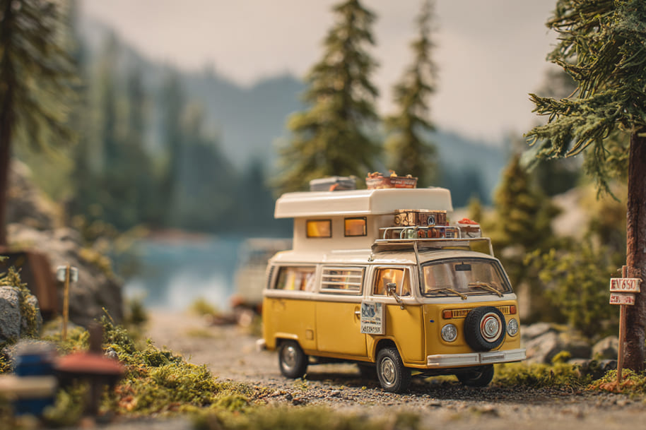 Vintage yellow camper van parked in the forest, representing micro-travel, weekend adventures, and short getaways close to home featured on Eternal Slots Casino blog.