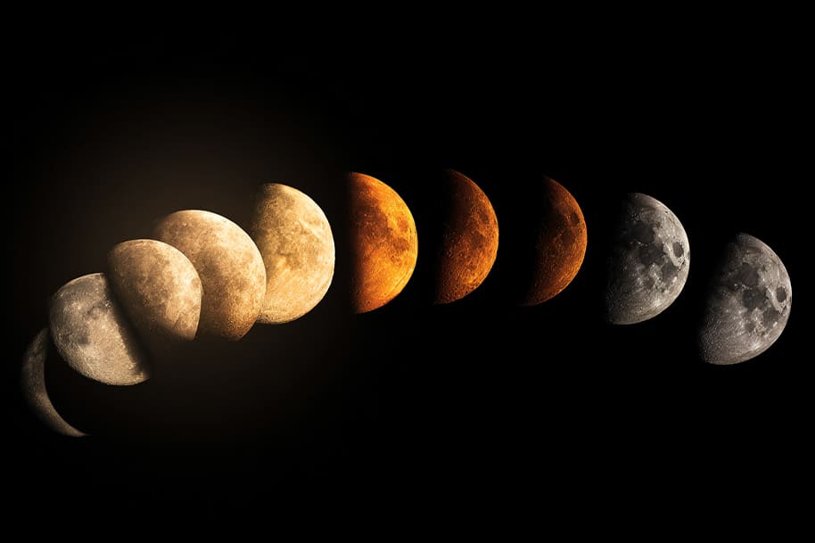 Lunar cycles showing multiple moon phases in orange and gray tones, symbolizing spiritual meaning and energy shifts