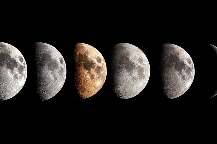 Half moon and lunar phases in detailed close-up, representing how moon phases affect us and our energy