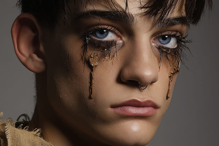 Close-up portrait of a young man with striking blue eyes and dramatic makeup, with smeared glittery tears streaming down his cheeks and a nose ring. One of new artists.