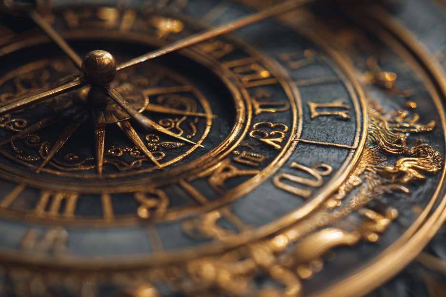 Close-up of ornate golden zodiac clock with astrological symbols, illustrating rising signs explained and the meaning of your ascendant at Eternal Slots Casino.