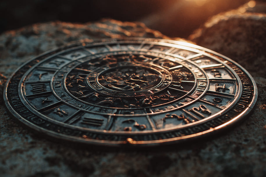 Ancient zodiac wheel with astrology symbols on stone surface at sunset, representing rising signs explained and the meaning of your ascendant at Eternal Slots Casino.