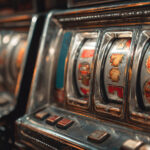 Close-up of a vintage slot machine with colorful reels showing sevens and fruit symbols, illustrating slot multipliers and big win potential.