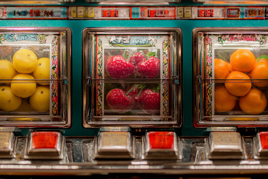 Fruit slot machine reels showing lemons, cherries, and oranges, illustrating how slot multipliers can lead to huge wins.