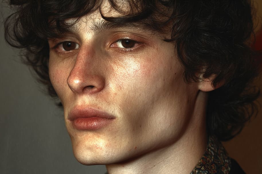 Close-up portrait of a young man with sharp facial features and tousled dark curly hair, gazing intensely at the camera under warm lighting.
