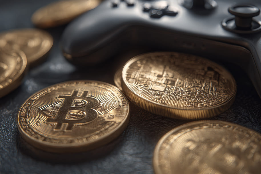 Bitcoin and cryptocurrency coins with gaming controller – symbolizing stablecoins and digital currency adoption in online gaming.