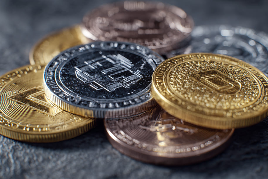 Assorted cryptocurrency and stablecoins – illustrating the role of digital currency in everyday transactions and online shopping.