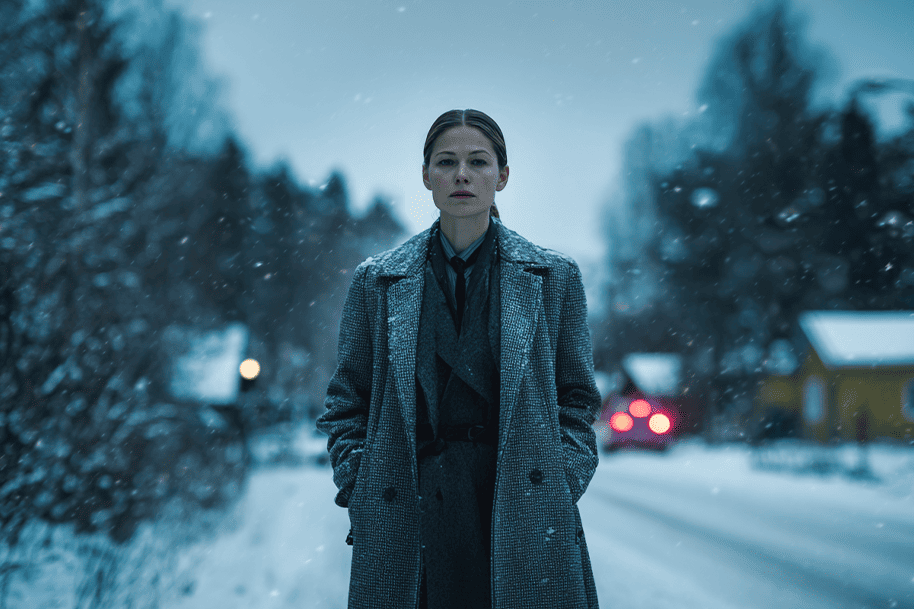 Determined woman walking through snowy street – atmospheric crime drama scene from The Åre Murders.