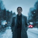 Determined woman walking through snowy street – atmospheric crime drama scene from The Åre Murders.