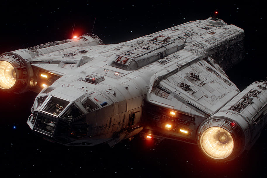 Spaceship flying through outer space, representing the Battlestar Galactica reboot featured in “The Best TV Reboots Making a Comeback This Year” on Eternal Slots Casino blog.