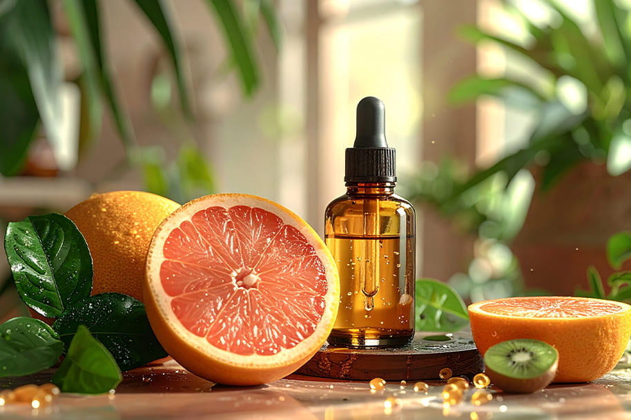 Natural skincare oil bottle with grapefruit and kiwi, highlighting wellness influencer product trends and authenticity in social media wellness culture, Eternal Slots blog.