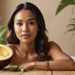 Wellness influencer promoting natural beauty with tropical fruits and candlelight, reflecting the rise of holistic wellness trends in 2025 featured on Eternal Slots blog.