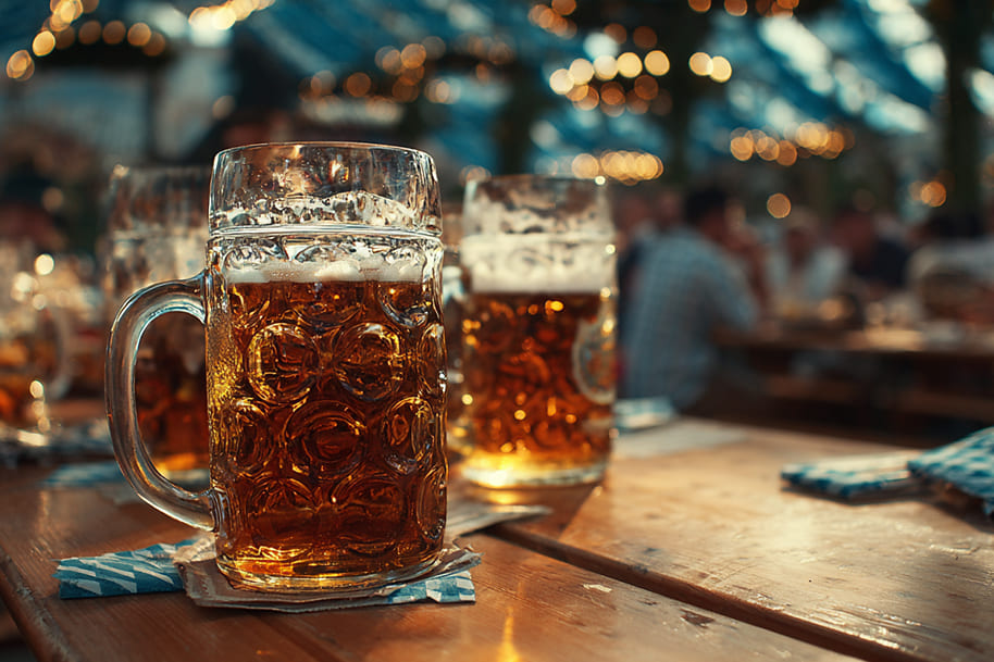 Traditional beer steins filled with golden Märzen lager on wooden tables inside an Oktoberfest beer tent in Munich, with festive lights and crowds in the background – featured on Eternal Slots Casino blog.