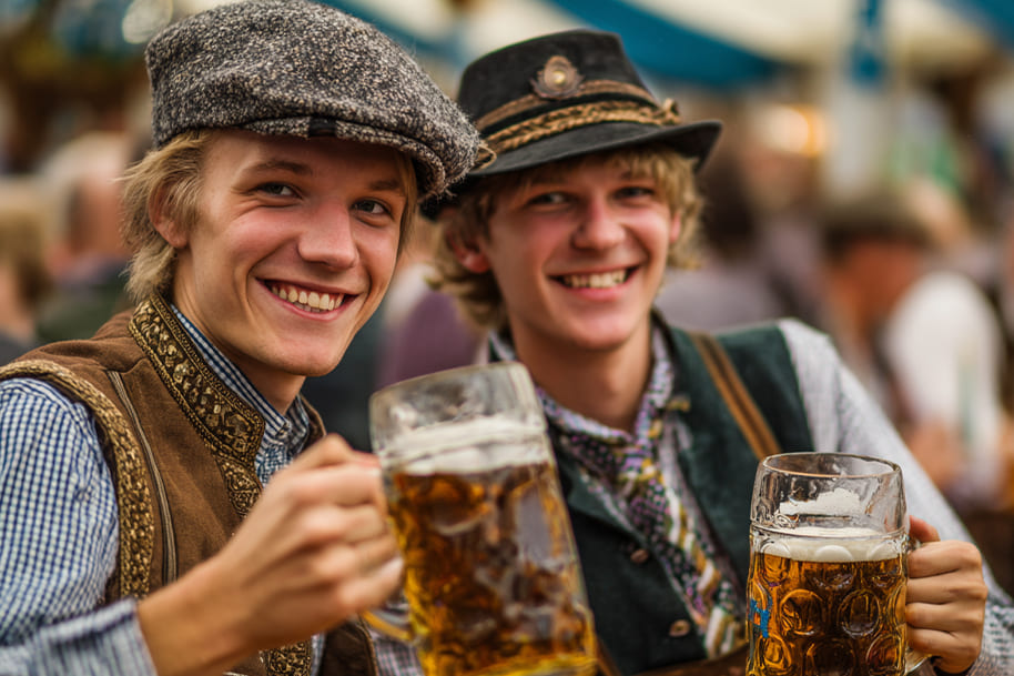 Two young men in traditional Bavarian clothing enjoying large beer steins at Oktoberfest in Munich, celebrating German culture, beer, and festival traditions – featured on Eternal Slots Casino blog