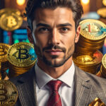 Confident businessman surrounded by Bitcoin stacks symbolizing top crypto scams and cryptocurrency frauds — Eternal Slots Casino blog on how to avoid crypto scams.