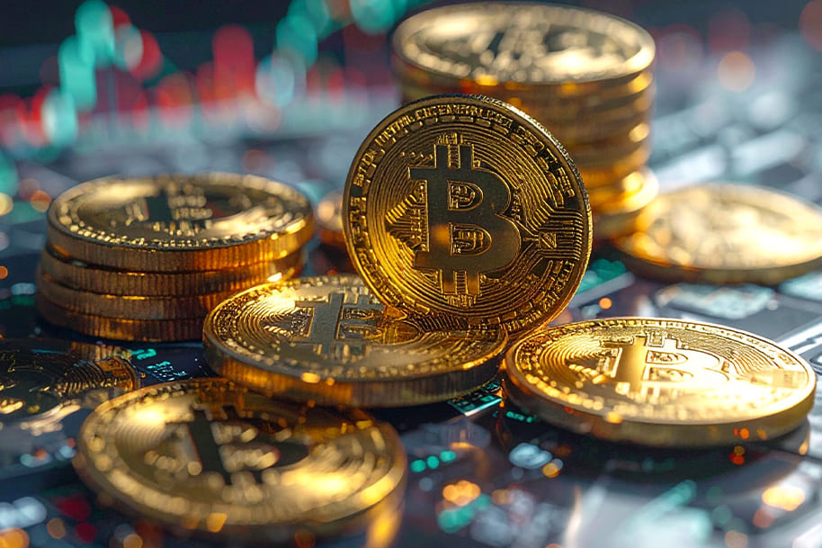 Stacks of golden Bitcoin coins on digital trading chart representing cryptocurrency frauds and top crypto scams to avoid — Eternal Slots Casino blog.