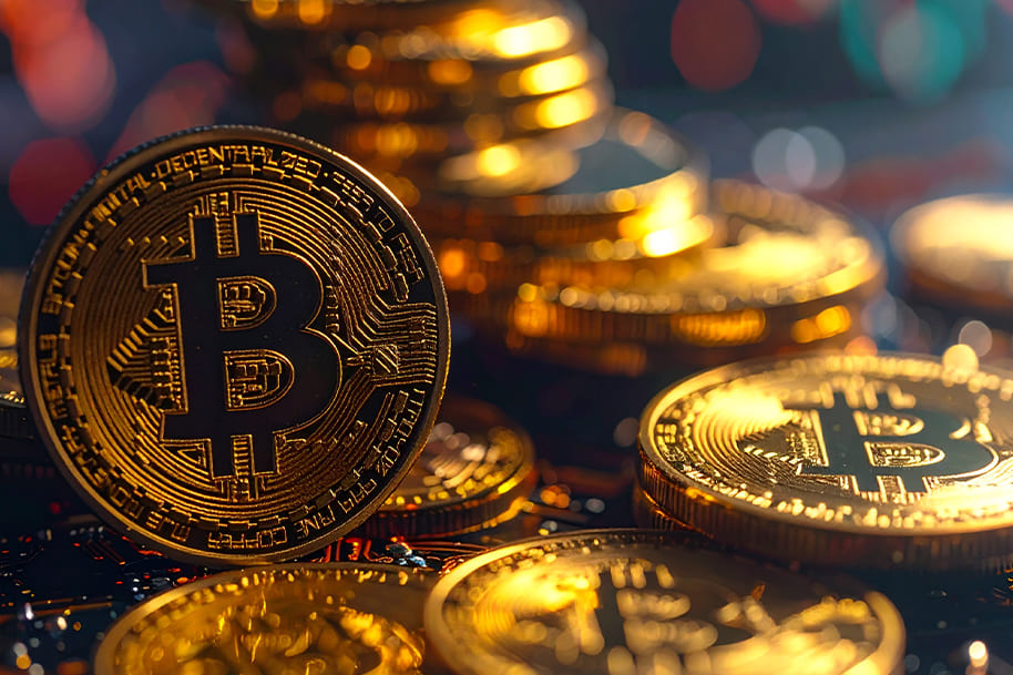 Stacks of golden Bitcoin coins on digital trading chart representing cryptocurrency frauds and top crypto scams to avoid — Eternal Slots Casino blog.