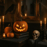 Halloween decor with pumpkin on the books