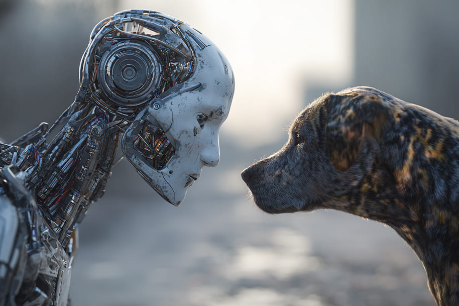 Robot and dog facing each other closely, depicting empathy, companionship, and emotional intelligence between AI and living beings in the digital age.