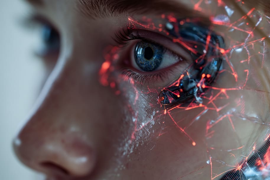 Close-up of a human face partially transformed into a cyborg with glowing red circuits, symbolizing the fusion of human emotion and artificial intelligence in modern companionship.