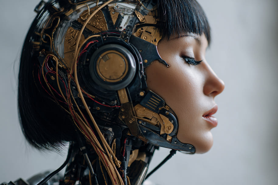 Profile of a female android with detailed mechanical parts and human-like skin, representing the intersection of human consciousness and artificial intelligence connection.