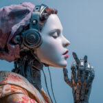 Elegant humanoid robot with metallic body and vintage clothing, illustrating how AI blends art, emotion, and technology in the evolution of digital relationships.