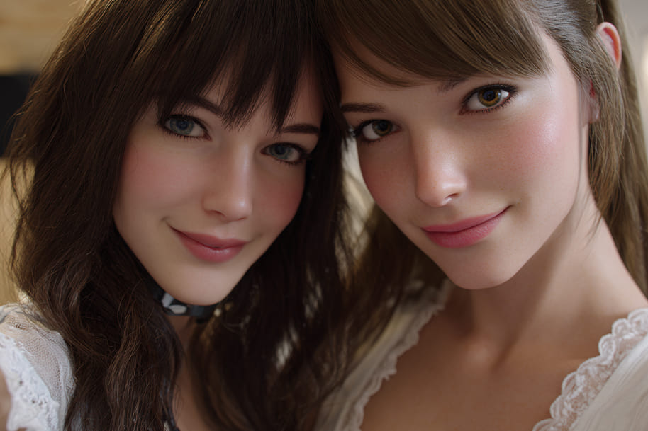 Two AI-generated women smiling together, representing friendship and emotional connection in the world of virtual AI relationships.