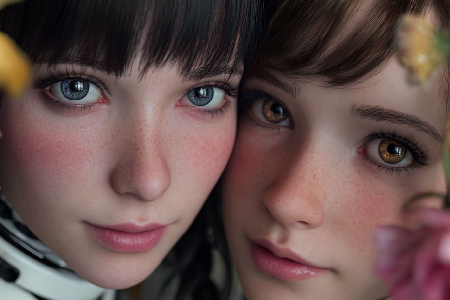 Hyper-realistic AI-generated women with blue and brown eyes surrounded by flowers, illustrating intimacy and empathy in digital companionship.
