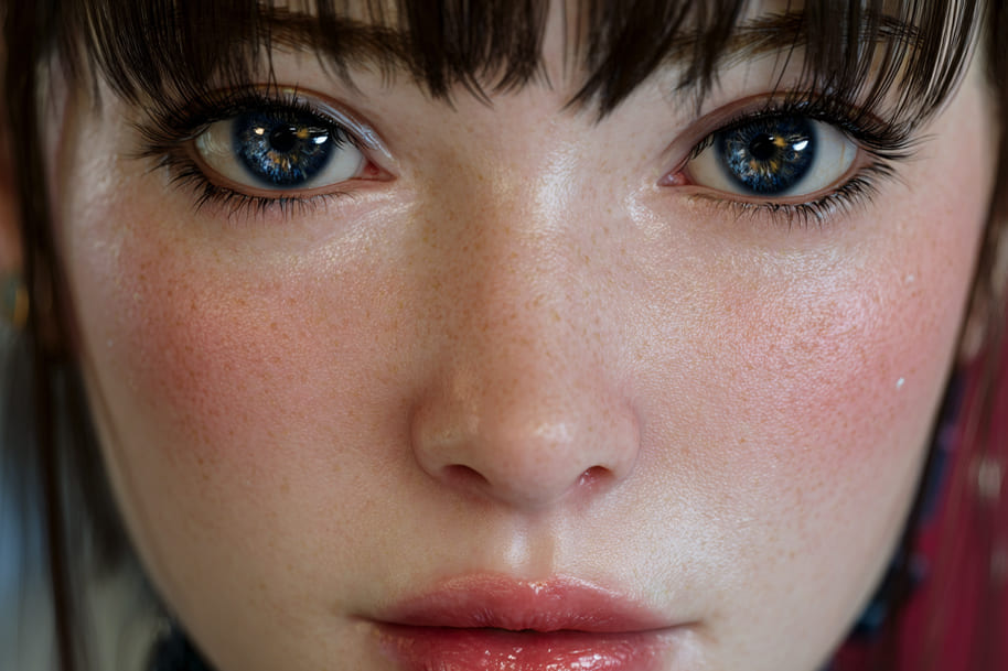 Close-up of a realistic AI-generated woman with lifelike blue eyes and glowing skin, symbolizing the evolution of virtual companionship through artificial intelligence.