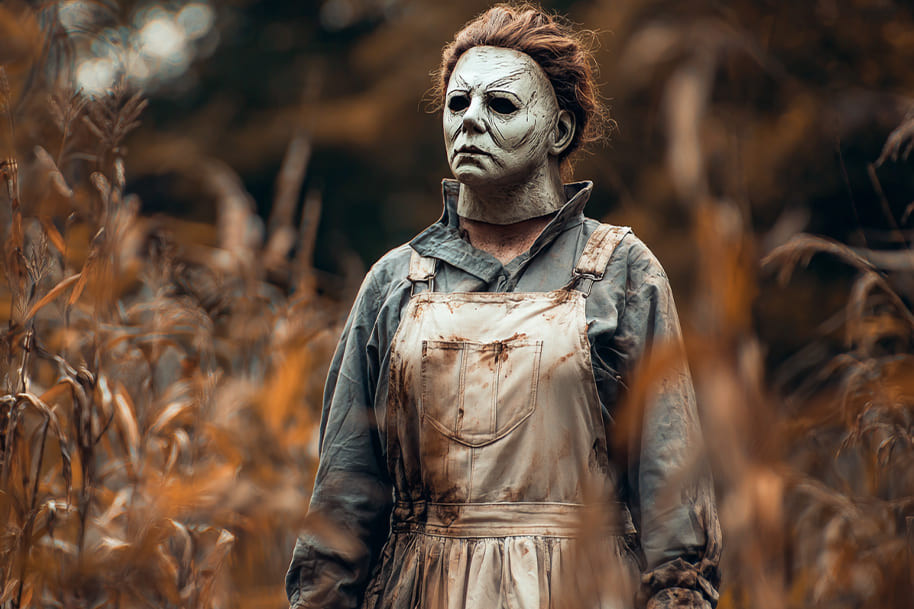 Person wearing a creepy Halloween mask and dirty apron standing in a cornfield, representing classic horror-inspired and trending Halloween costume ideas for 2025 featured on Eternal Slots Casino’s blog.