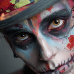 Close-up of a person wearing colorful Halloween makeup and a spooky hat, representing creative and unique Halloween costume ideas for 2025 — featured on Eternal Slots Casino’s Halloween blog.
