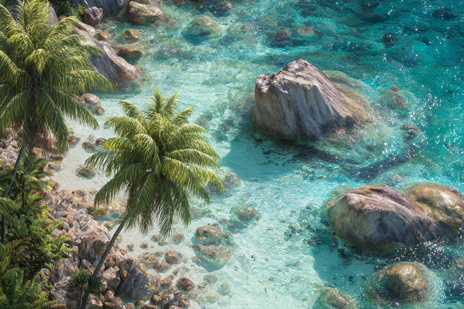 A peaceful tropical beach with crystal-clear water and palm trees under the sun, showcasing one of the best warm getaways and sunny vacation spots highlighted on the Eternal Slots travel blog.