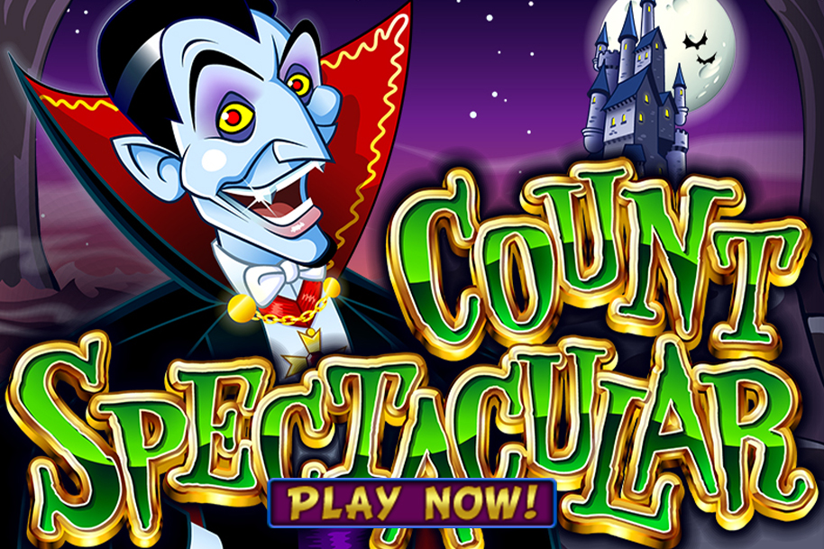 Promotional image for Count Spectacular slot game featuring a cartoon vampire with a red cape and a spooky castle under a full moon, with bold yellow text that reads ‘Count Spectacular – Play Now.’