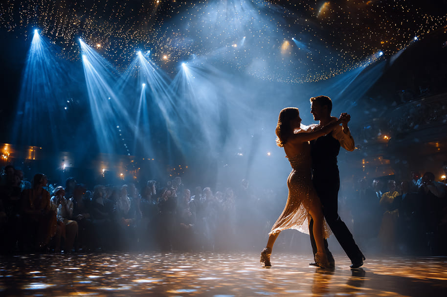 Dance couple performing a romantic routine under spotlights on a glittering stage with a captivated audience, symbolizing the magic of live dance shows.