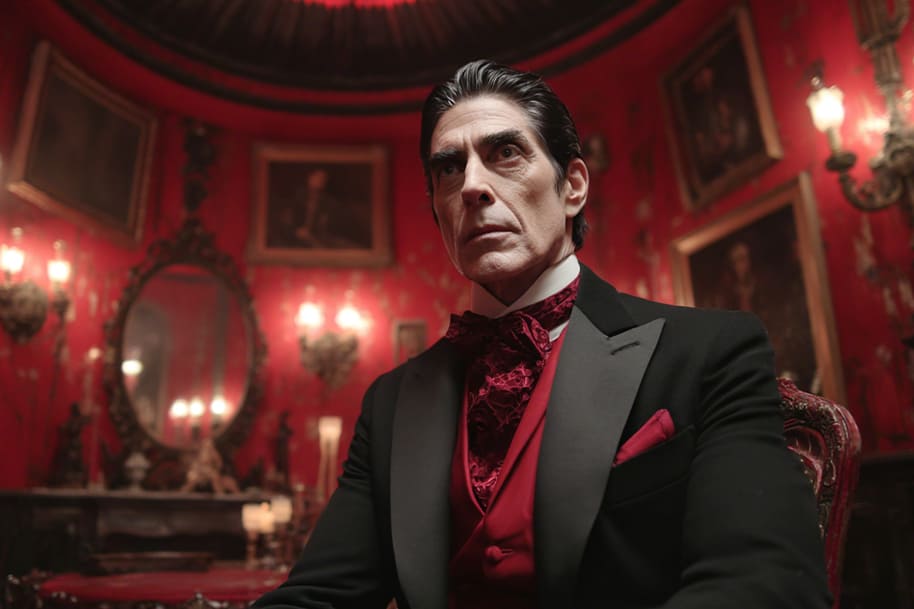 Elegant man in a black and red suit sitting in a candle-lit gothic room, portraying a modern take on the classic vampire aesthetic.